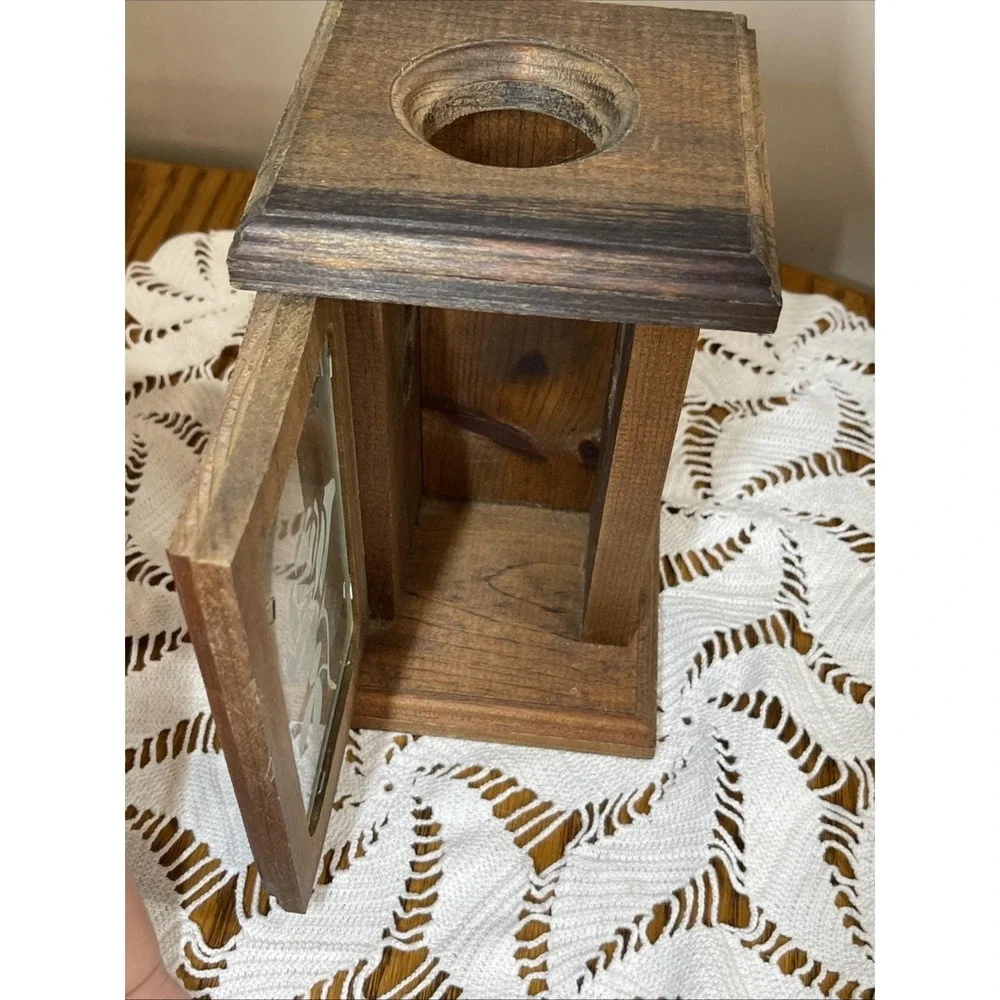 Vintage Wooden Candle Luminary Holder With Glass Flower Box Decor